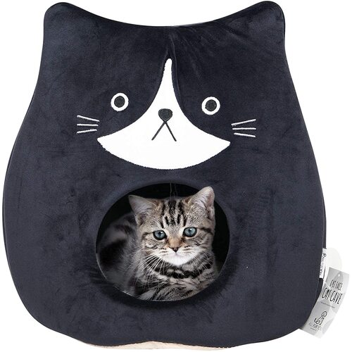 All Fur You Cat Face Indoor Cozy Cat Cave Bed Black