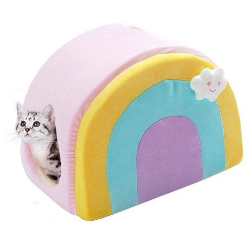 All  Fur You Rainbow Cat House Plush Indoor Cat Bed Pink