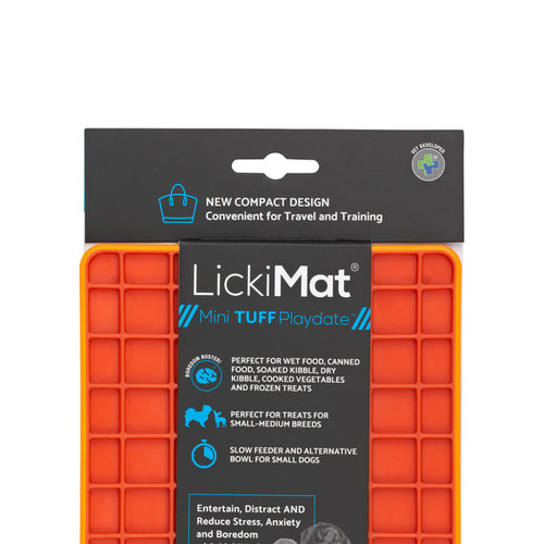 LickiMat Mini Tuff Playdate Slow Feeder Mat Freezer Safe for Dogs Orange