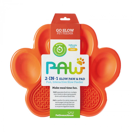 Pet DreamHouse Paw 2-in-1 Slow Feeder & Lick Pad for Dogs & Cats Orange