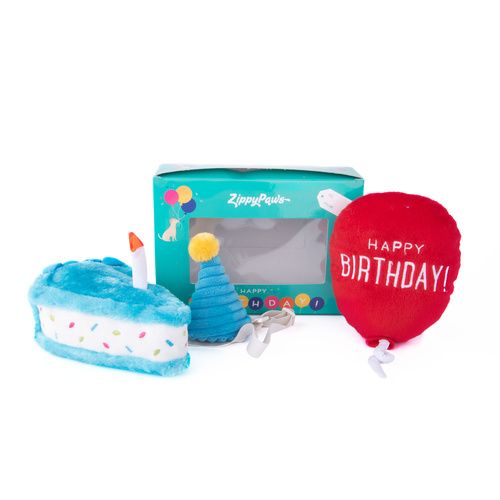 ZippyPaws Birthday Box Interactive Play Dog Squeaker Toy Blue